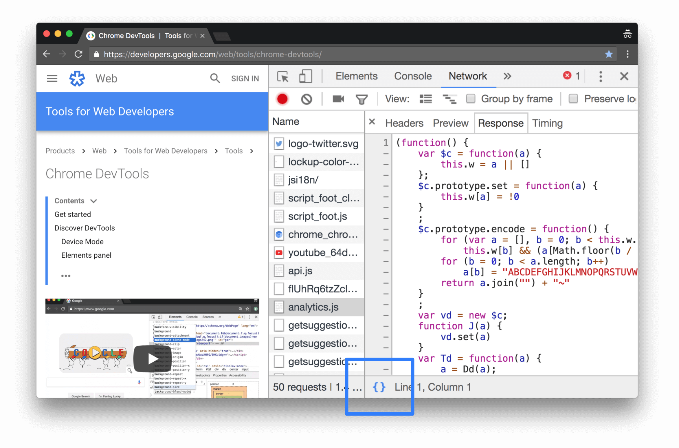 Sie können den Inhalt von analytics.js manuell formatieren, indem Sie auf die Schaltfläche „Formatieren“ klicken.