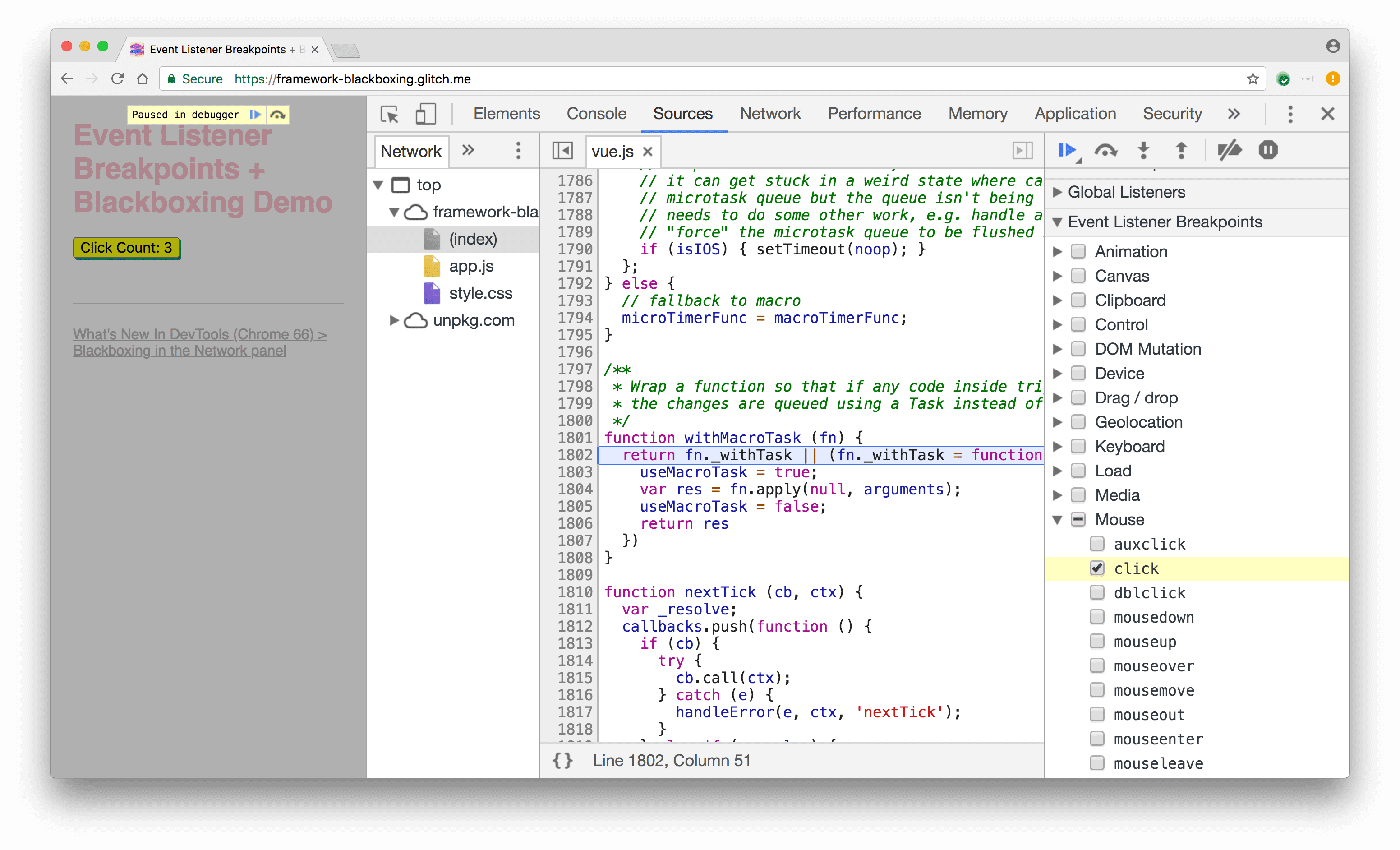 Tıklama ayrılma noktası, Vue.js&#39;nin sarmalayıcı kodunda duraklar.