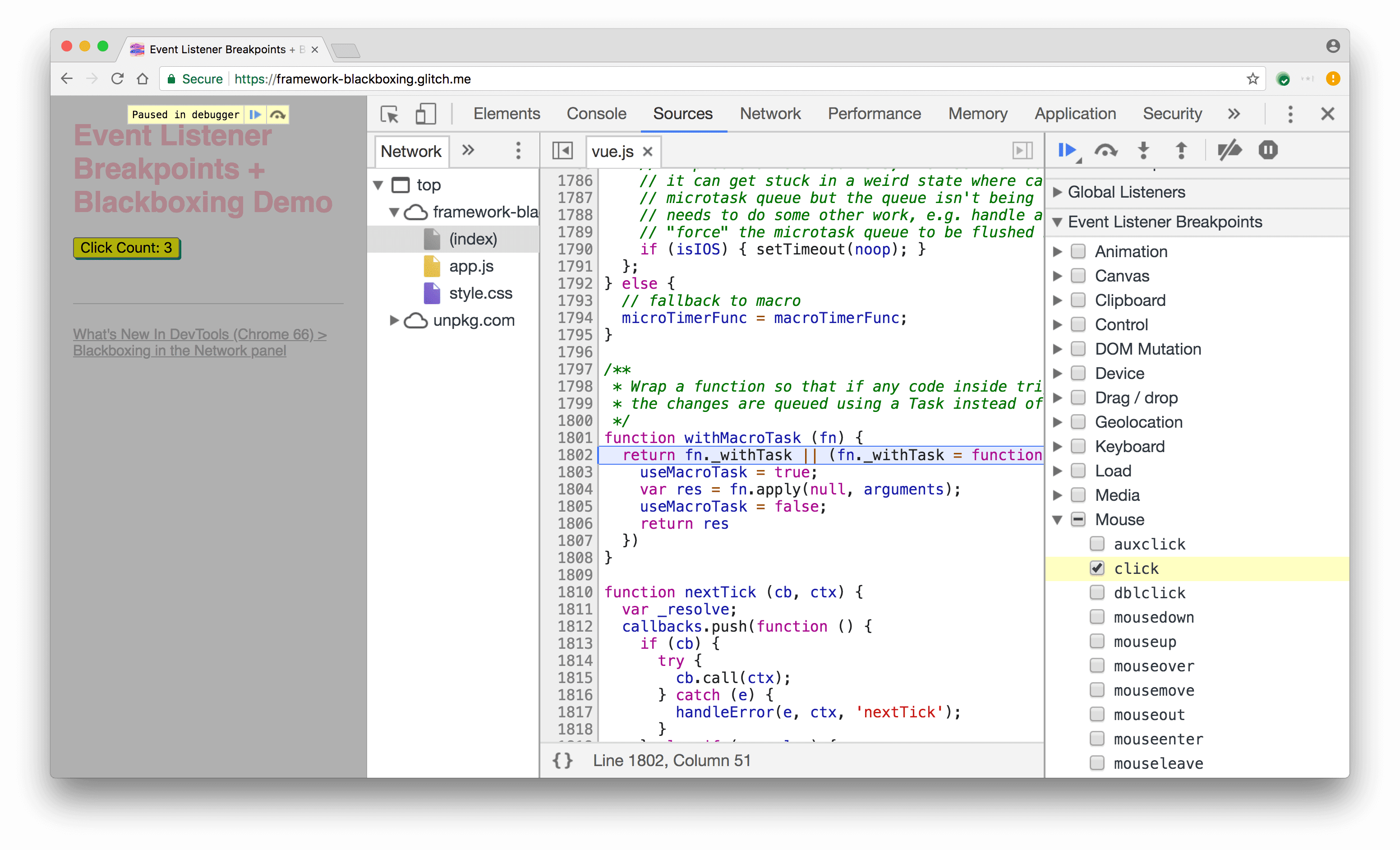 يتم إيقاف نقطة توقّف النقر مؤقتًا في رمز برنامج تضمين Vue.js.