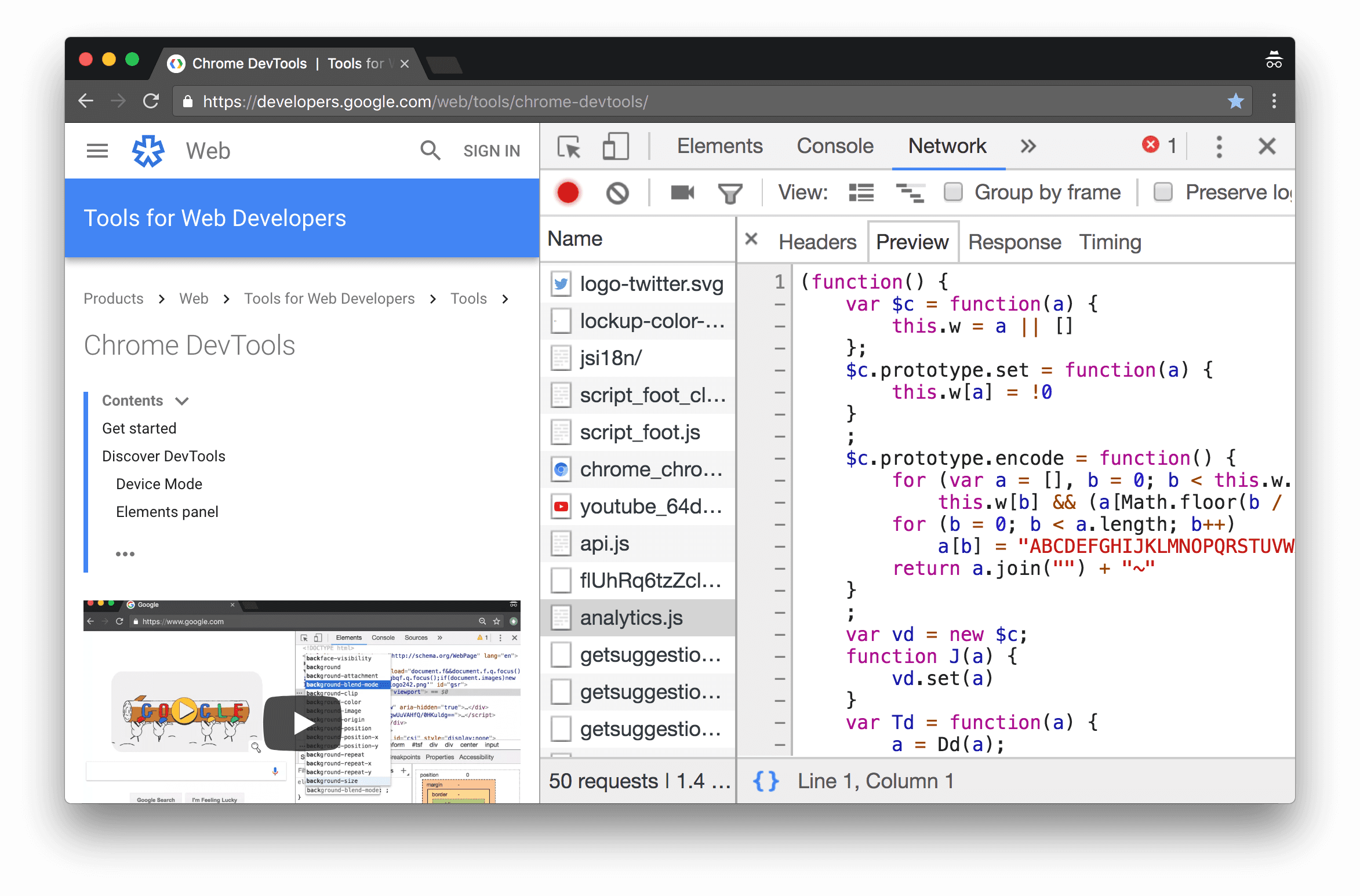 La pestaña Vista previa, en la que se imprime el contenido de analytics.js de forma predeterminada.