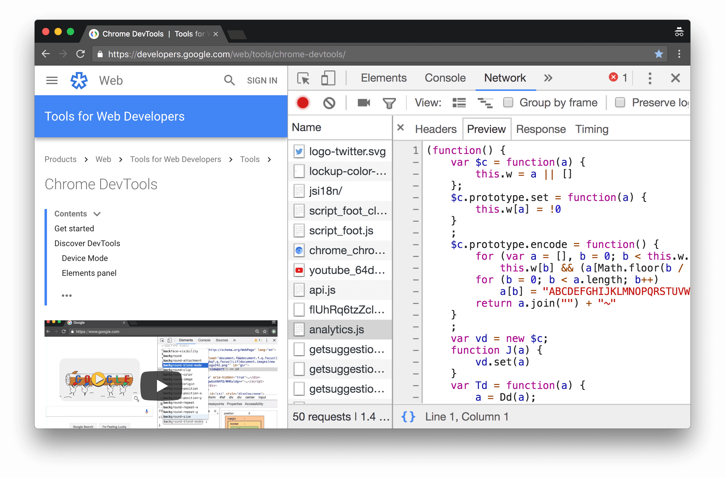 Auf dem Tab „Vorschau“ wird der Inhalt von „analytics.js“ standardmäßig formatiert.