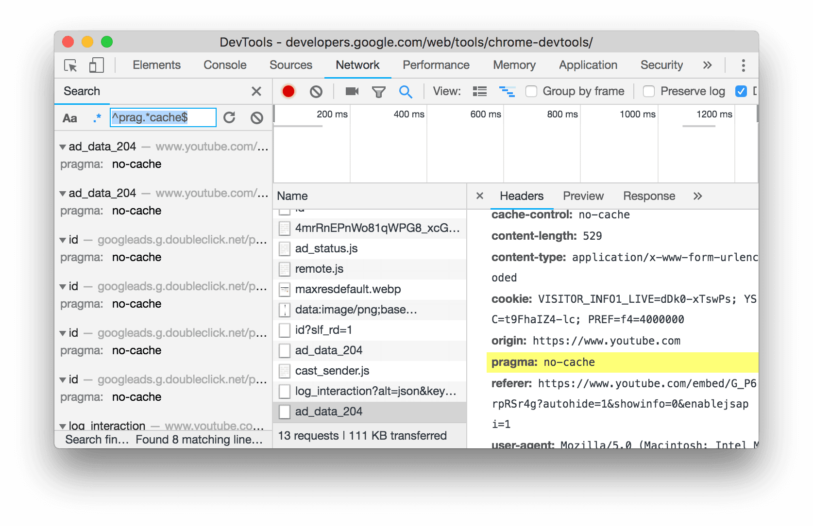 שאילתת ביטוי רגולרי בחלונית Network Search (חיפוש ברשת).