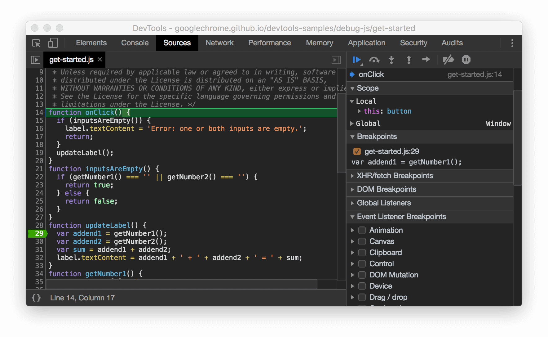नए ब्रेकपॉइंट आइकॉन और एक्ज़ीक्यूशन की मौजूदा लाइन की कलर स्कीम का स्क्रीनशॉट.