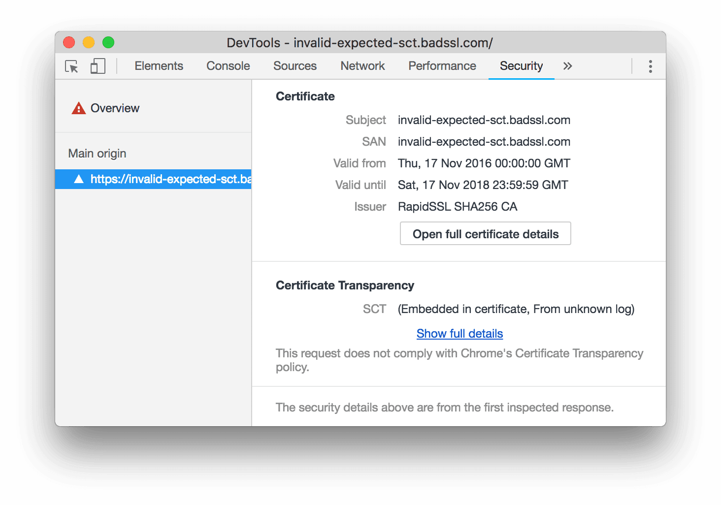 Información del certificado de transparencia en el panel Seguridad