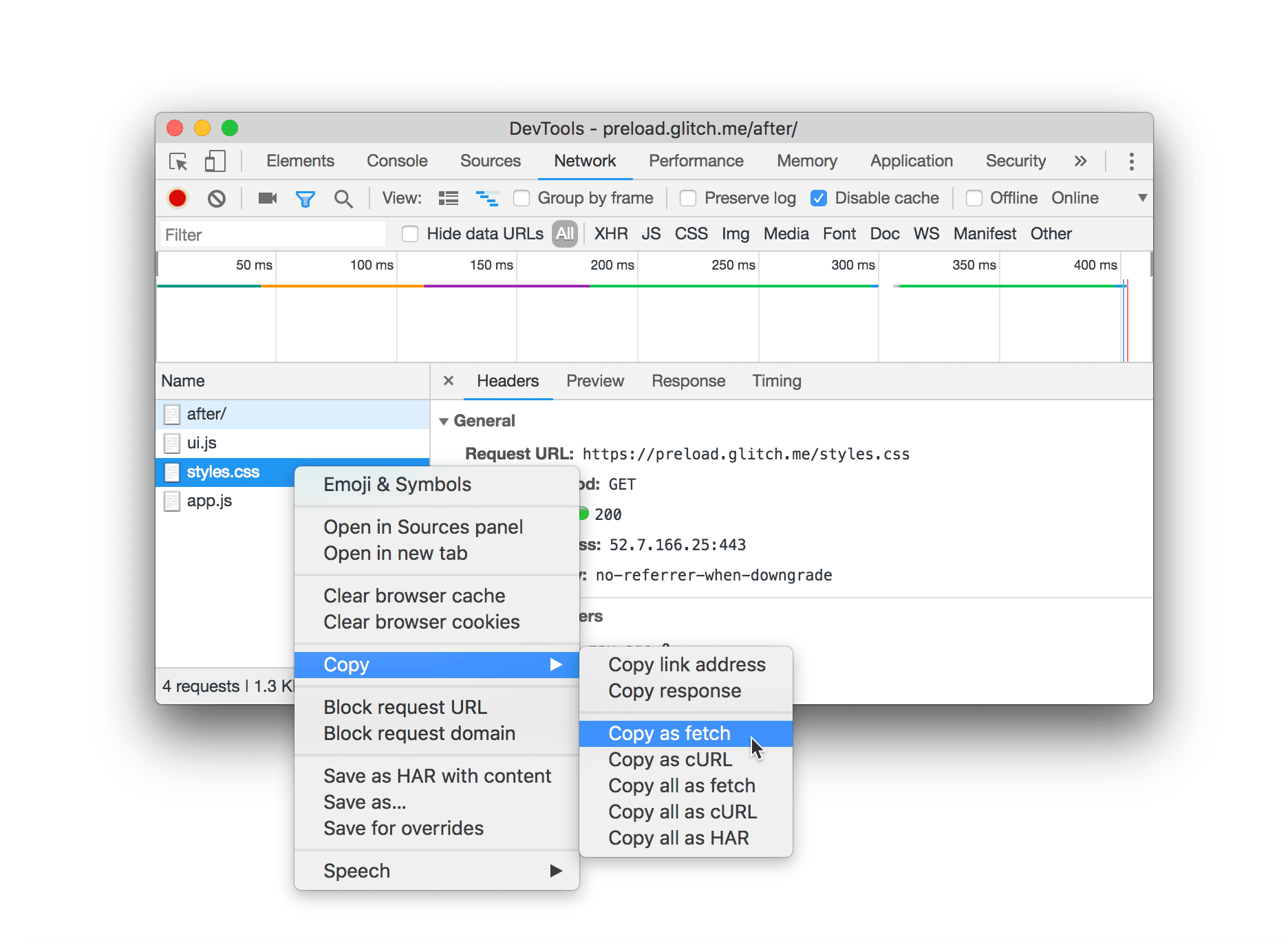 Kopieren des äquivalenten &quot;fetch()&quot;-Codes für eine Anfrage.