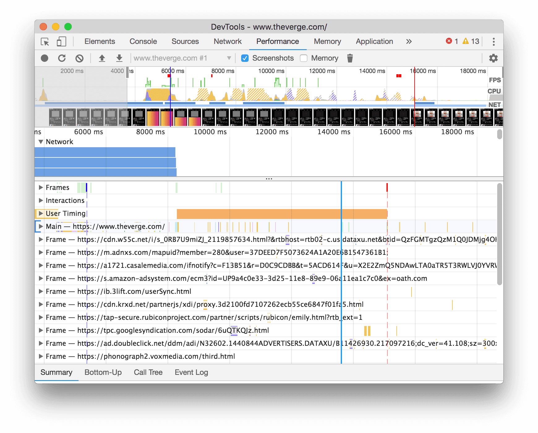 “Performance”记录中的按进程火焰图。