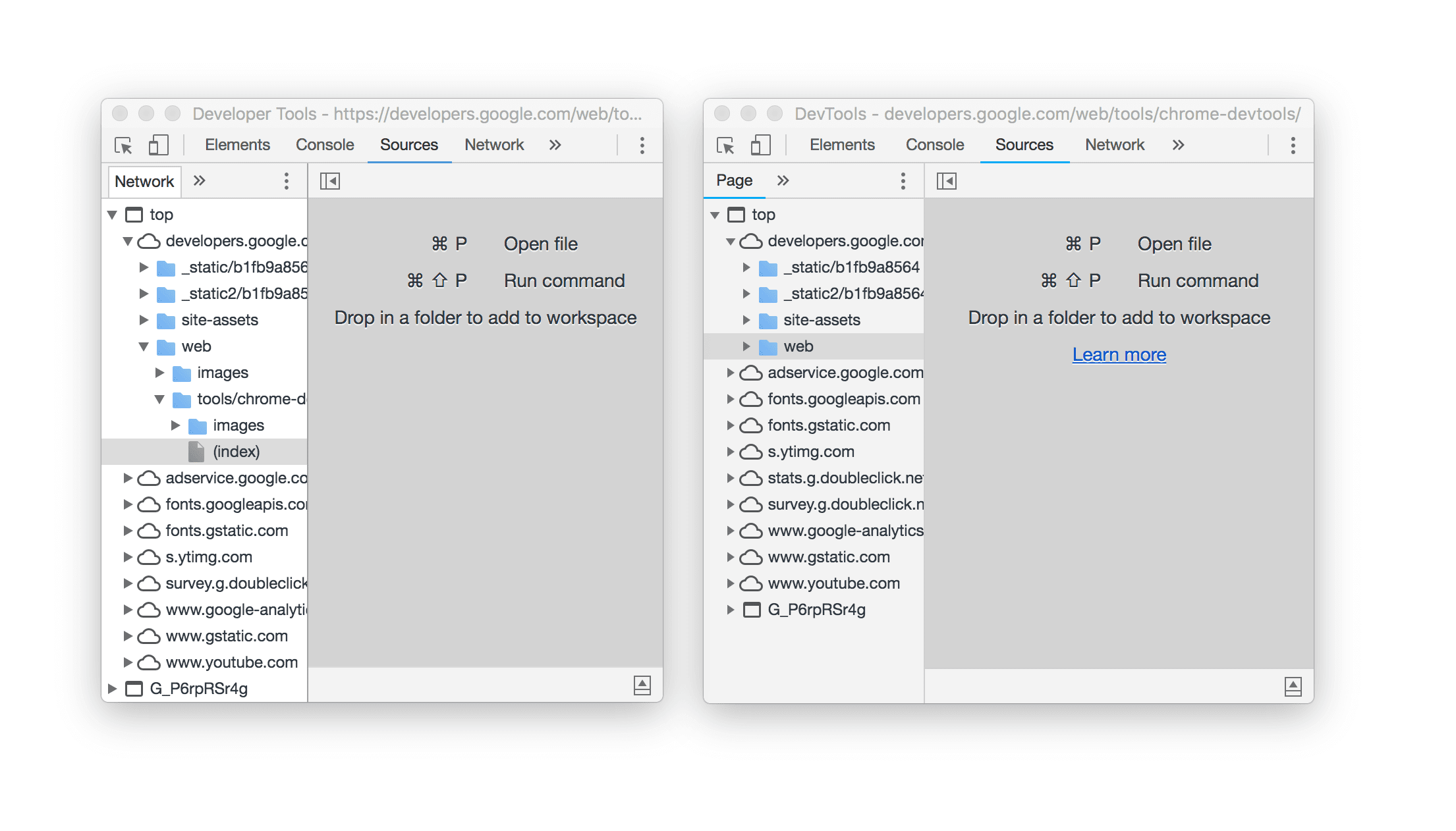 Zwei Entwicklertools-Fenster nebeneinander, in denen die Namensänderung zu sehen ist.