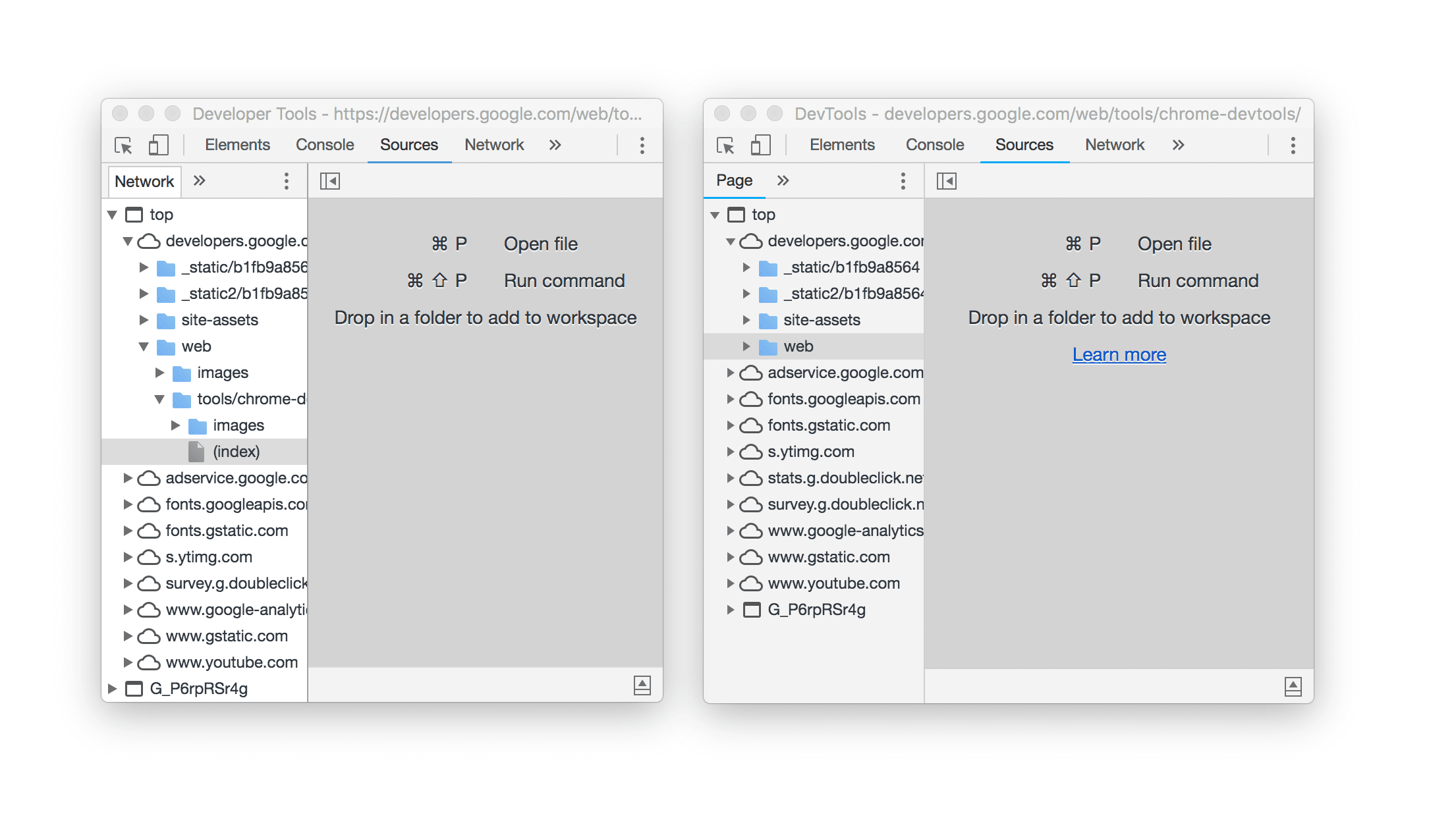Dua jendela DevTools berdampingan, yang menunjukkan perubahan nama.
