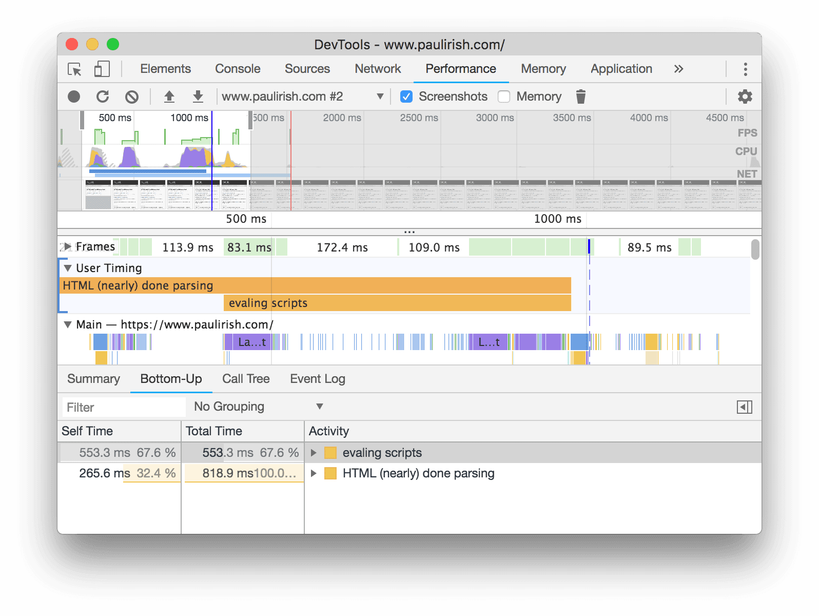 Visualizzazione delle misure User Timing nella scheda Dal basso verso l&#39;alto.