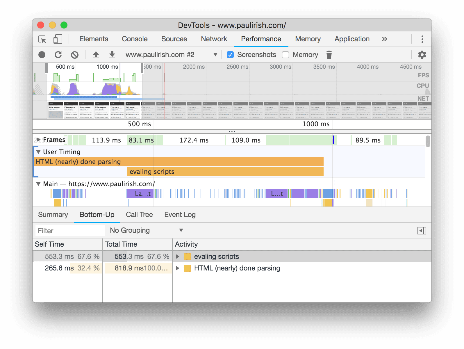 Visualización de las medidas de User Timing en la pestaña Bottom-Up
