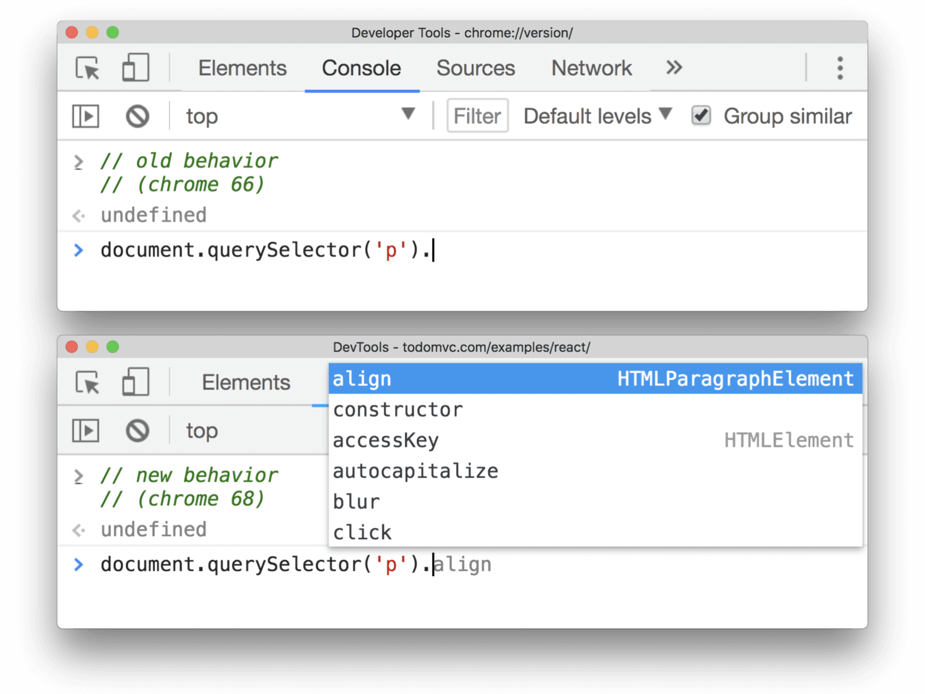 After running document.querySelector('p'), the Console can now show you the available properties and functions for that element.