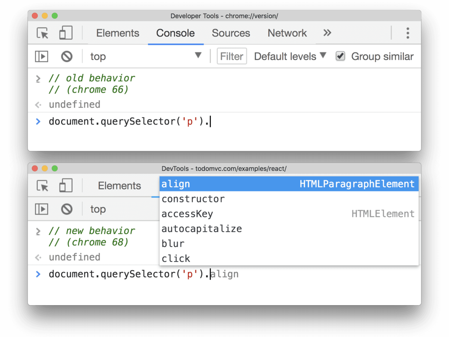 Po uruchomieniu polecenia document.querySelector('p') konsola może teraz wyświetlać dostępne właściwości i funkcje tego elementu.
