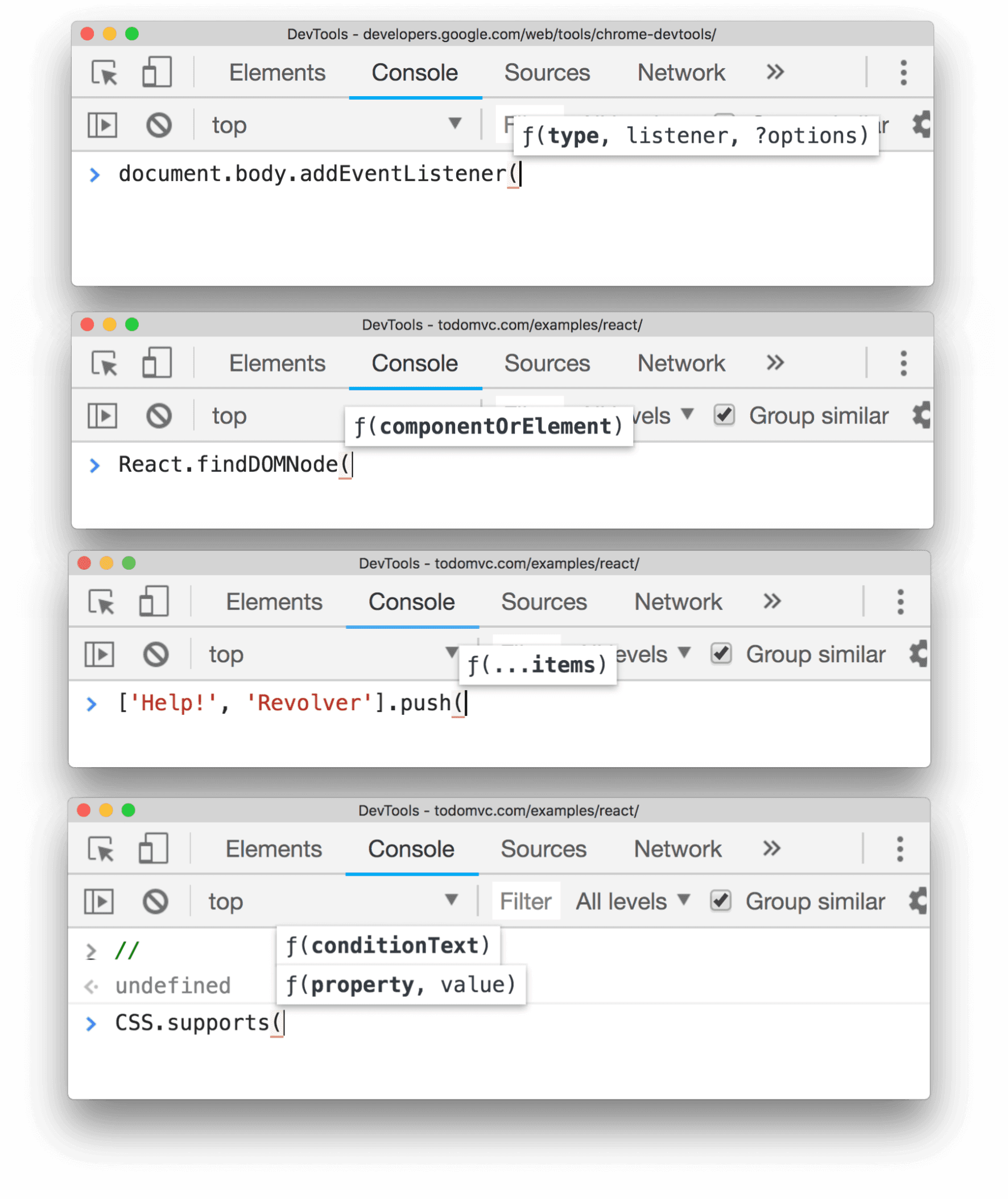 Argument hints in the Console.