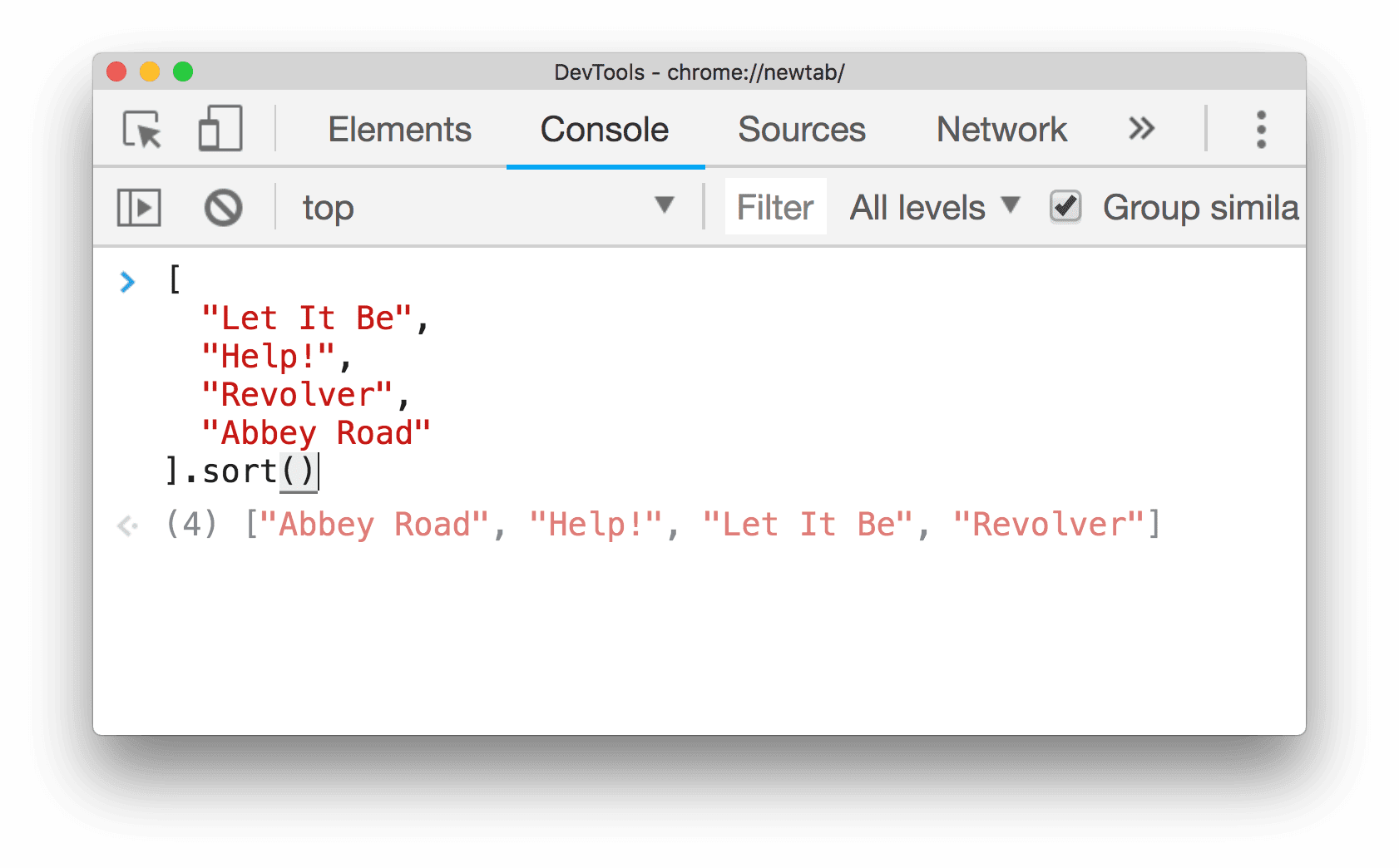 Konsola wyświetla wynik operacji sort() przed jej jawnym wykonaniem.