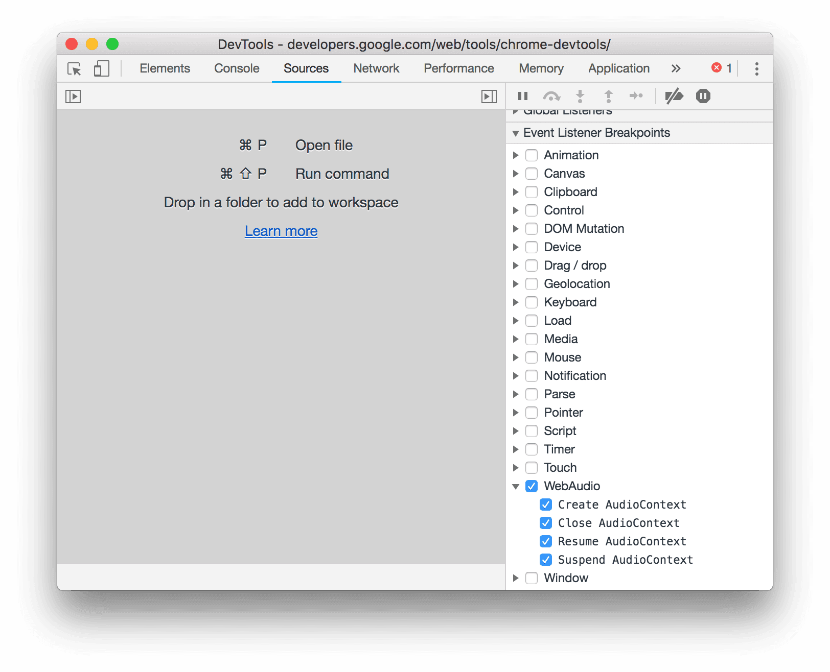 Peristiwa AudioContext di panel Event Listener Breakpoints.