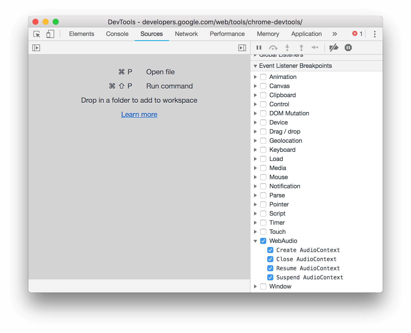 “事件监听器断点”窗格中的 AudioContext 事件。
