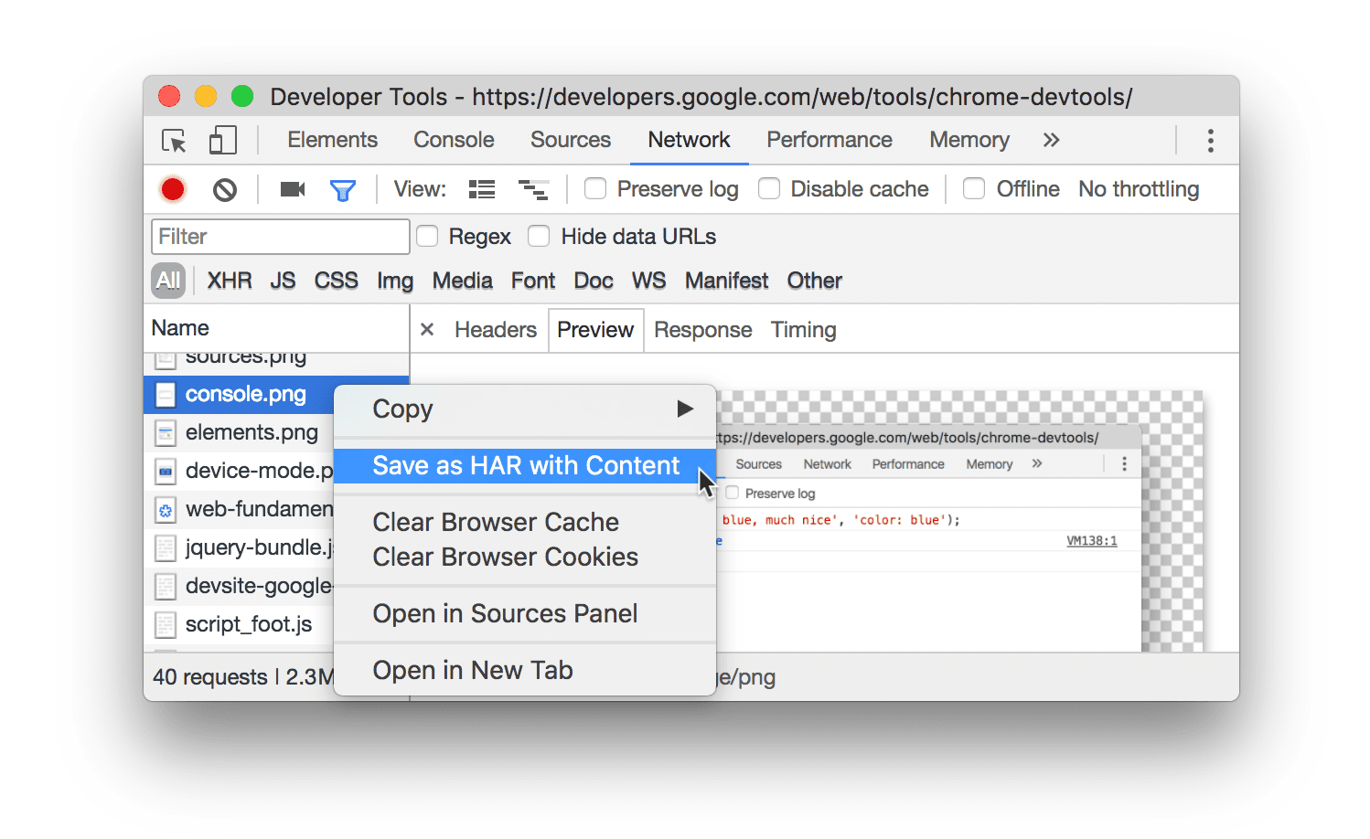 Exporting network requests to a HAR file.