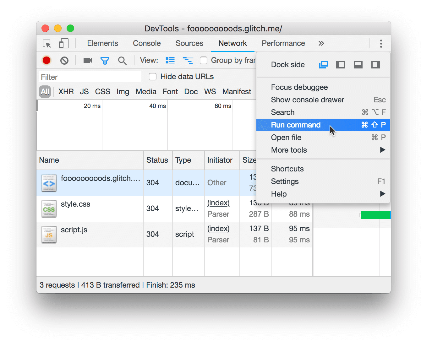 Ana menüden komut menüsünü açma