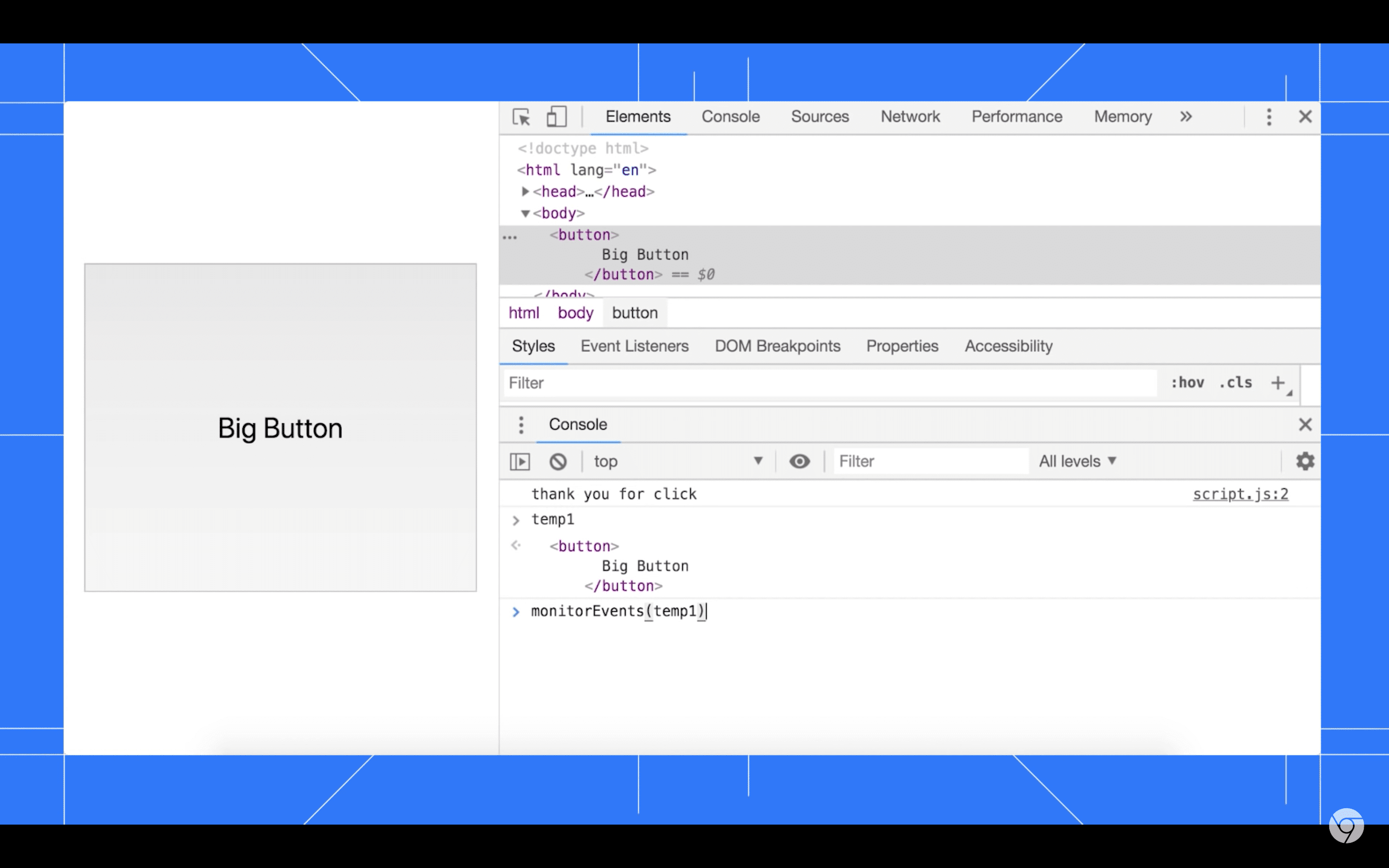 node를 monitorEvents()에 전달합니다.