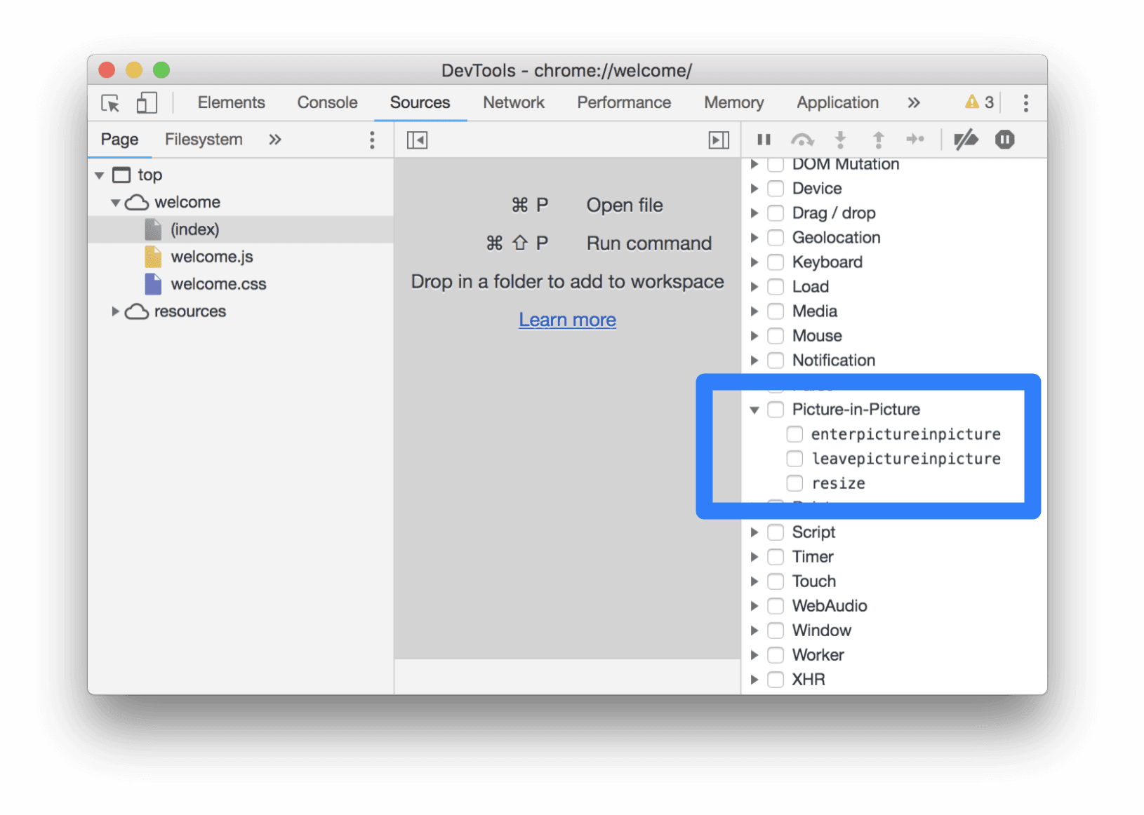 zdarzenia obrazu w obrazie w panelu Punkty przerwań detektora zdarzeń.
