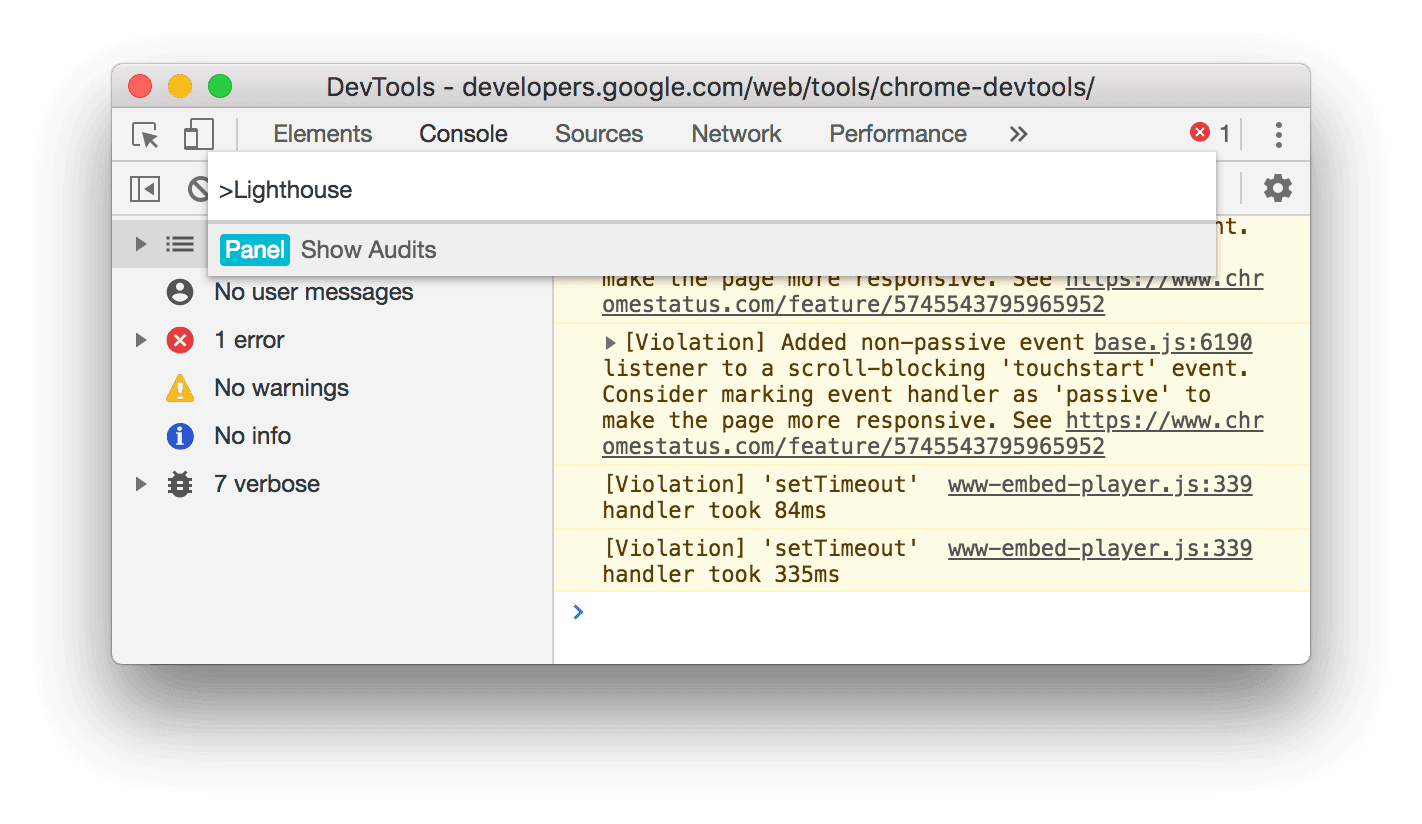 명령어 메뉴에 'lighthouse'를 입력하는 모습