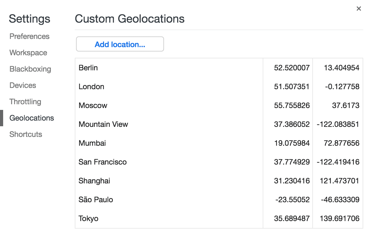 Guia &quot;Geolocalizações&quot; em &quot;Configurações&quot;