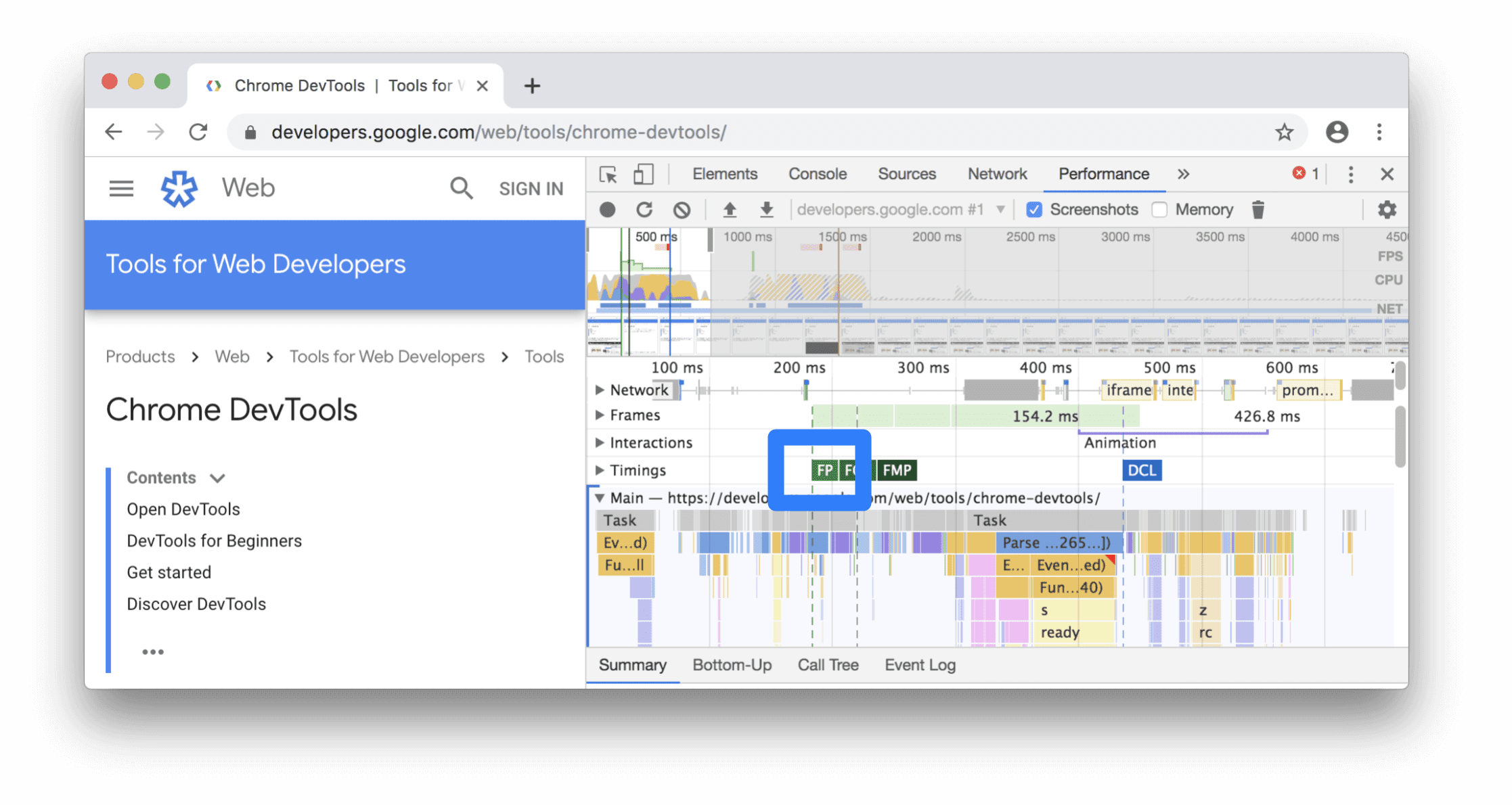 First Paint nella sezione Timing