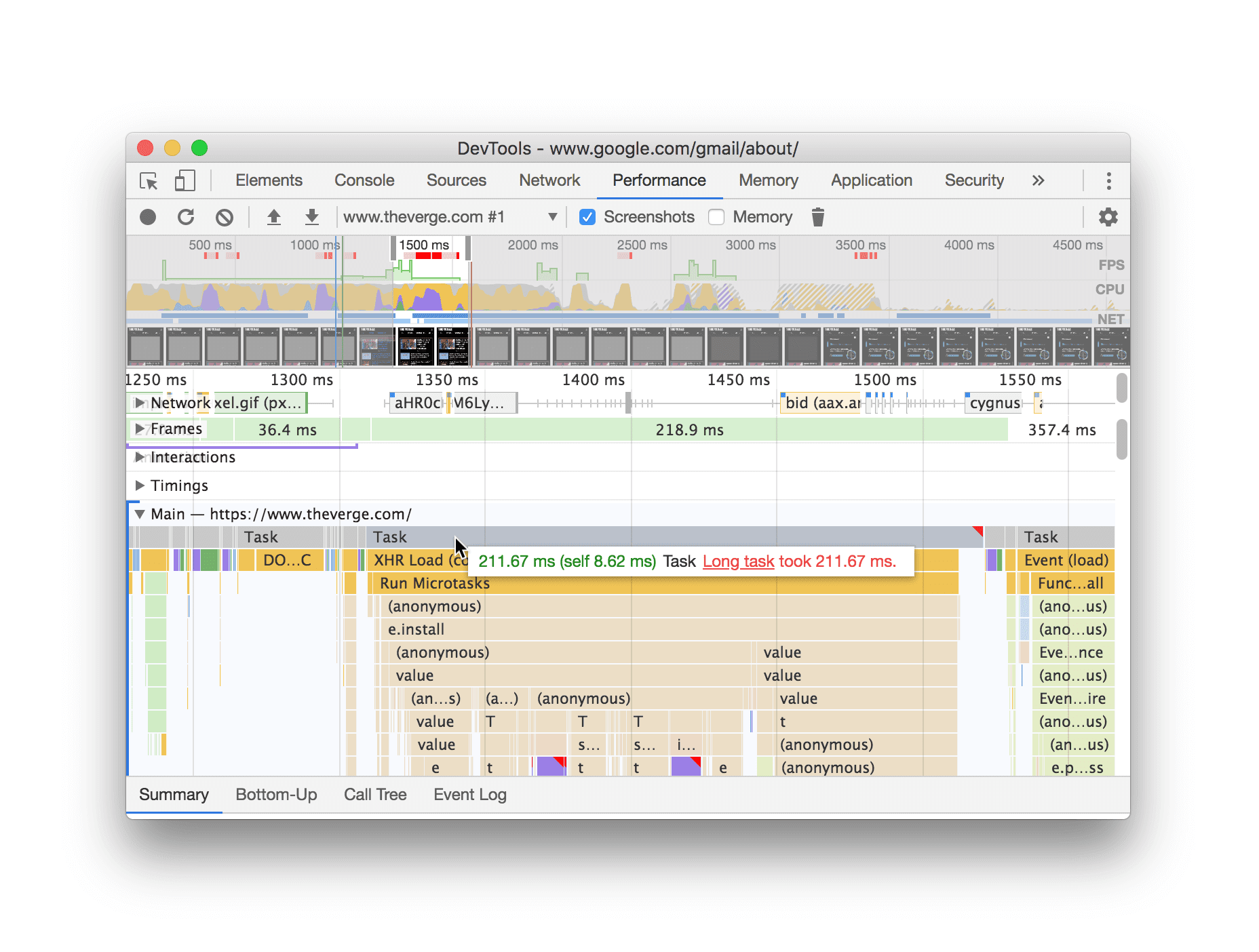 Hovering over a long task in a Performance recording