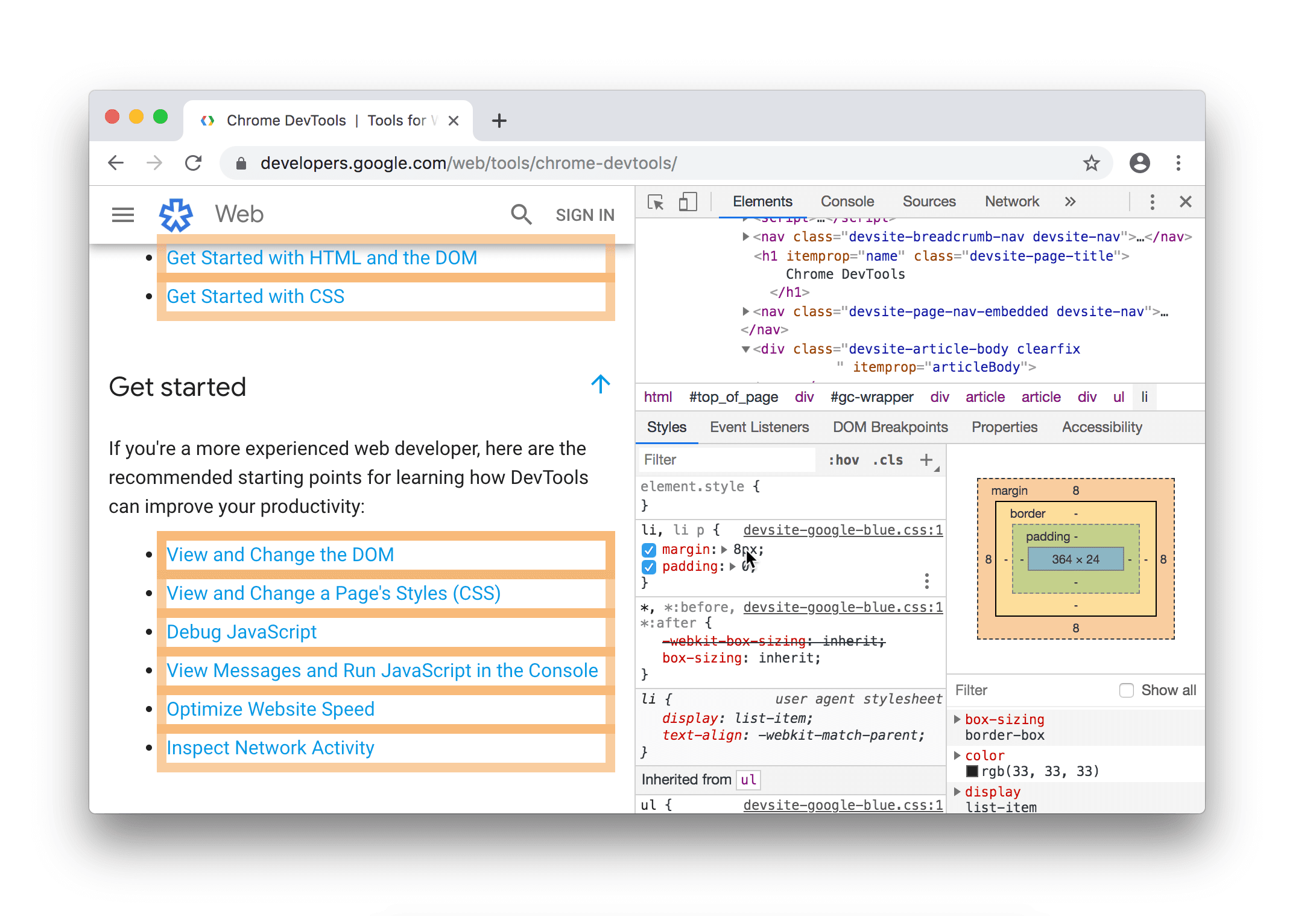 Si colocas el cursor sobre una propiedad de margen, se destacan todos los nodos afectados por esa declaración.