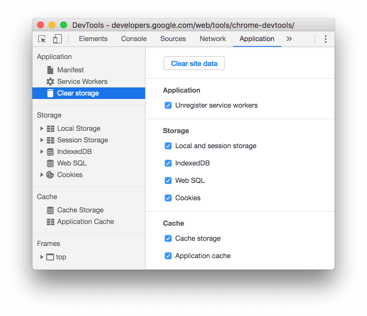 Onglet &quot;Application&quot; avec l&#39;option &quot;Vider l&#39;espace de stockage&quot; sélectionnée.