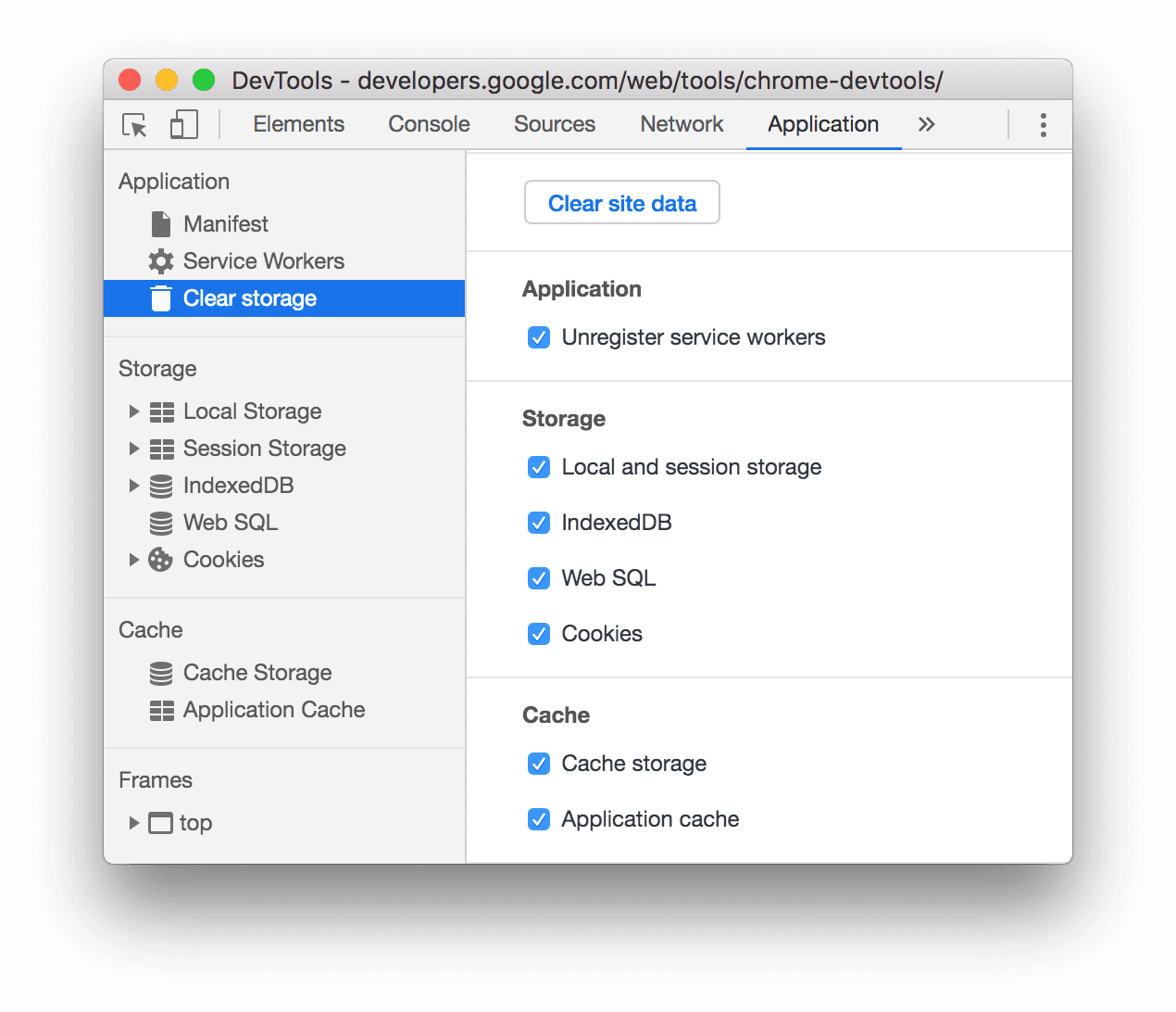 Onglet "Application" avec l'option "Vider l'espace de stockage" sélectionnée.