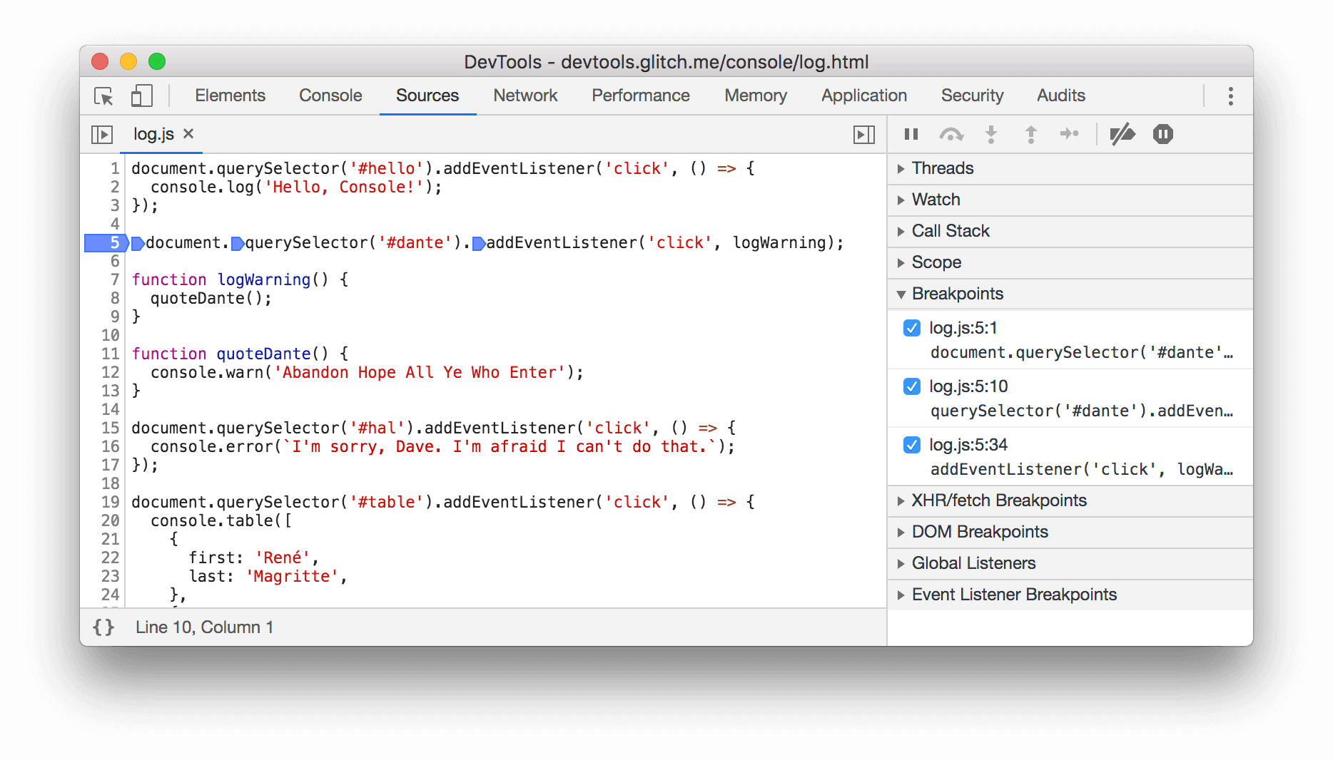 O novo comportamento. Há três entradas no painel Breakpoints.