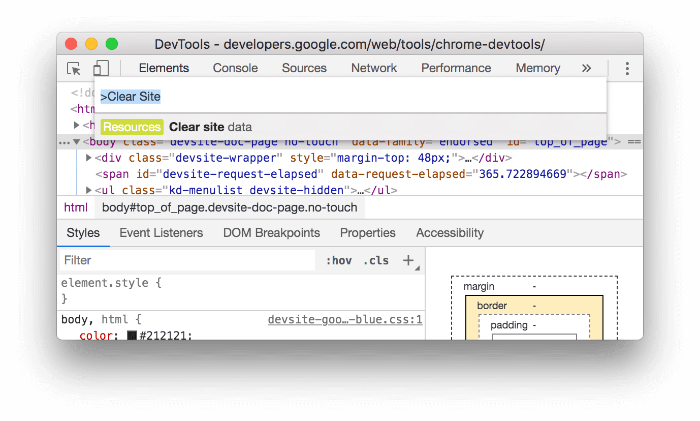 The Clear Site Data command.