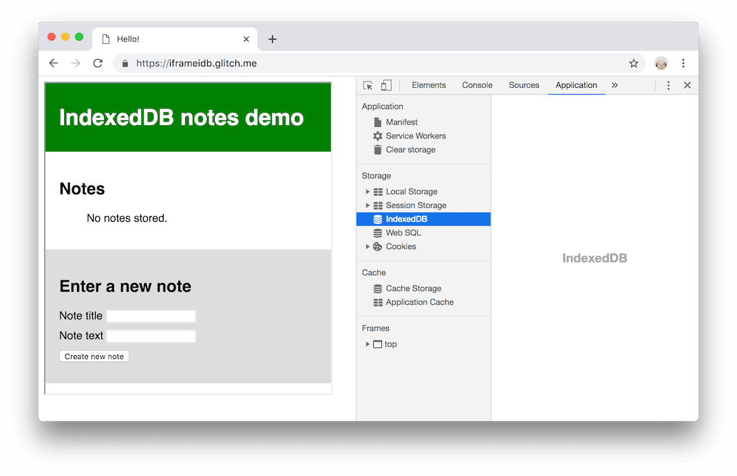 El comportamiento anterior. La página incorpora una demostración que usa IndexedDB, pero no hay bases de datos visibles.