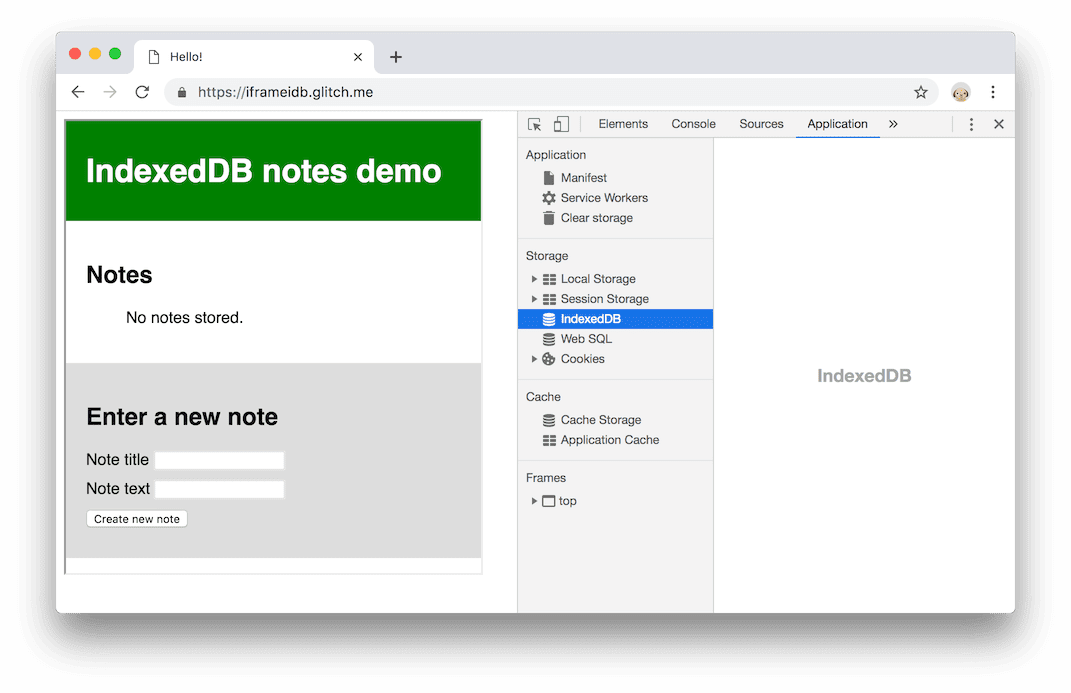 이전 동작입니다. 페이지에서 IndexedDB를 사용하는 데모를 삽입하고 있지만 데이터베이스가 표시되지 않습니다.