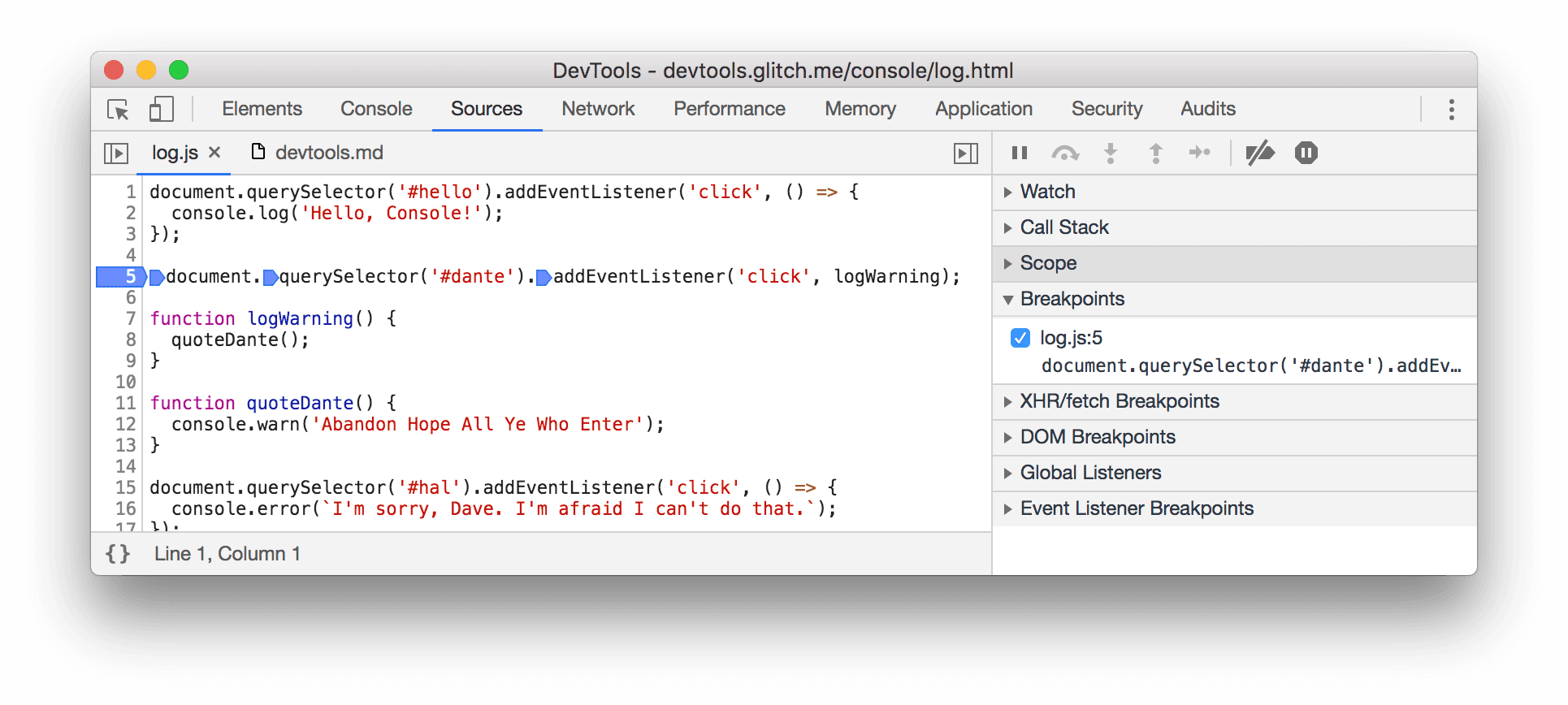 Das alte Verhalten. Im Bereich „Breakpoints“ gibt es nur einen Eintrag.