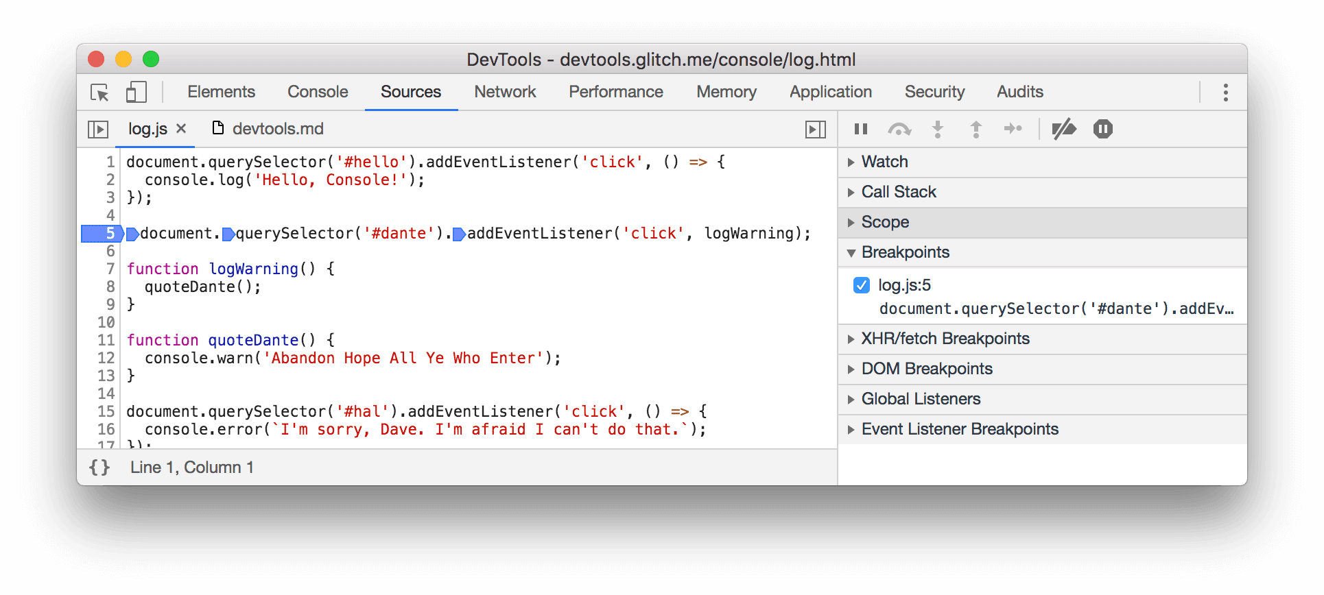 従来の動作。[Breakpoints] ペインのエントリは 1 つのみです。