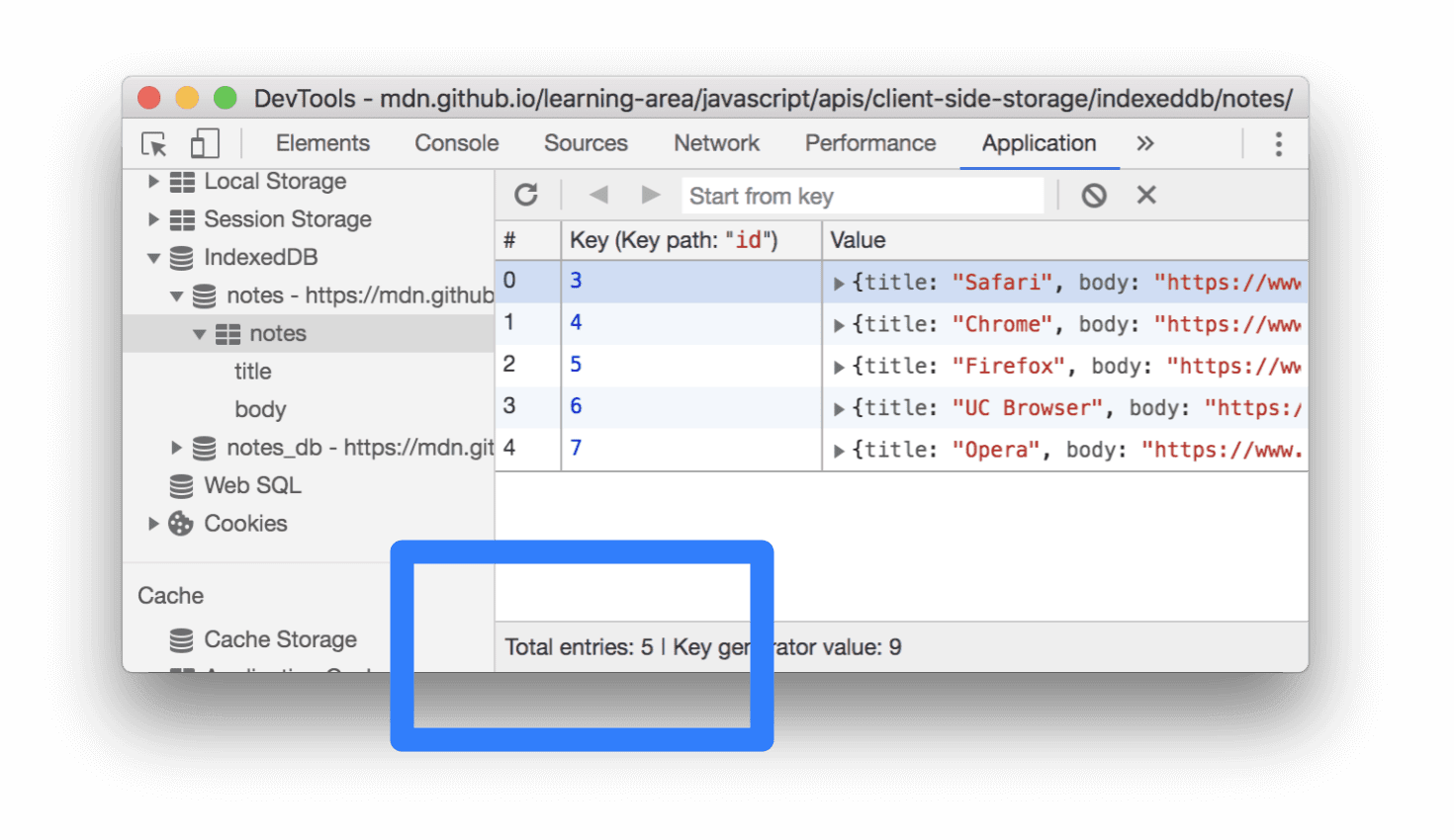 किसी IndexedDB डेटाबेस में मौजूद कुल एंट्री.