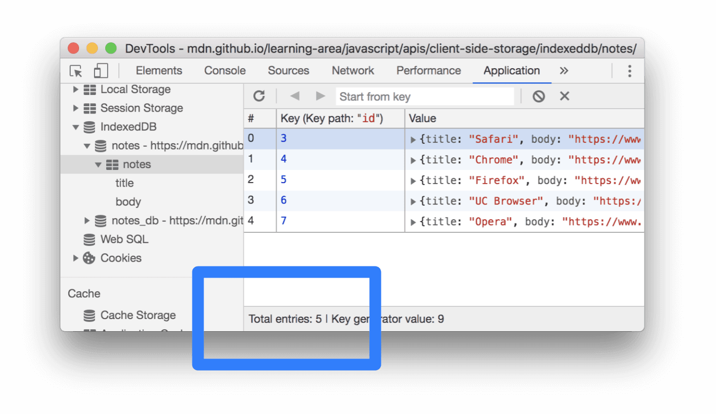 Voci totali in un database IndexedDB.