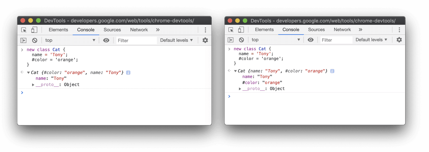 When inspecting an object, the Console now shows private fields like '#color'.