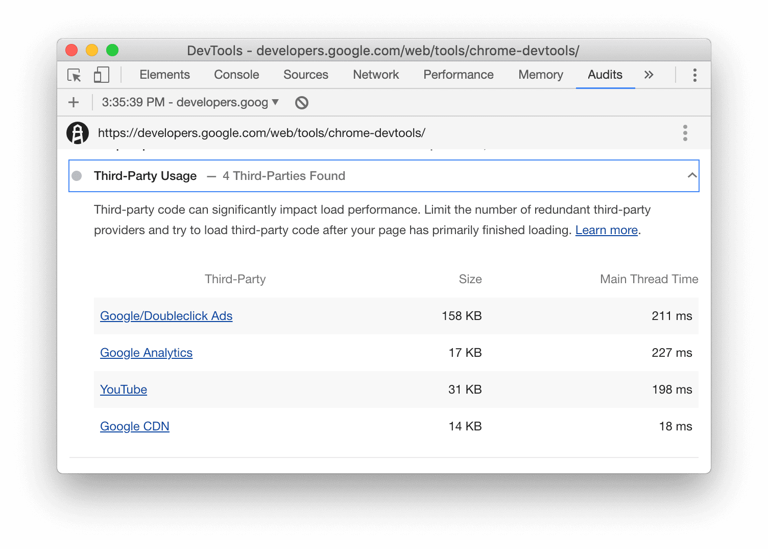 Lighthouse レポートの UI の [サードパーティの使用状況] 監査のスクリーンショット。
