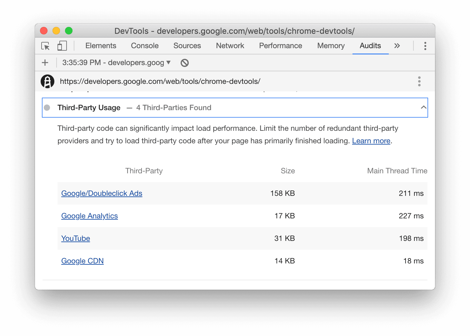 Een screenshot van de audit 'Gebruik door derden' in de Lighthouse-rapportinterface.