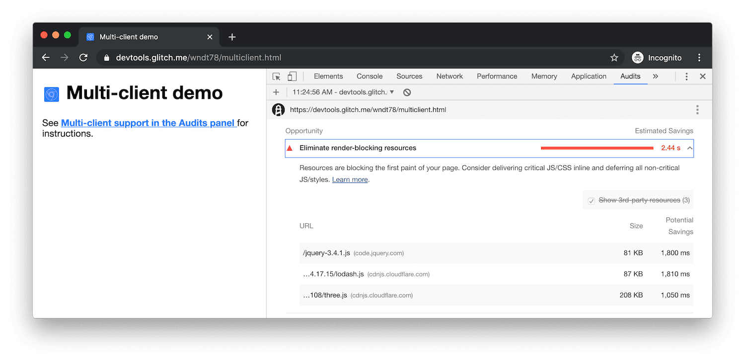 最初のレポートでは、レンダリングをブロックするスクリプトが 3 つあることが問題であるとされています。