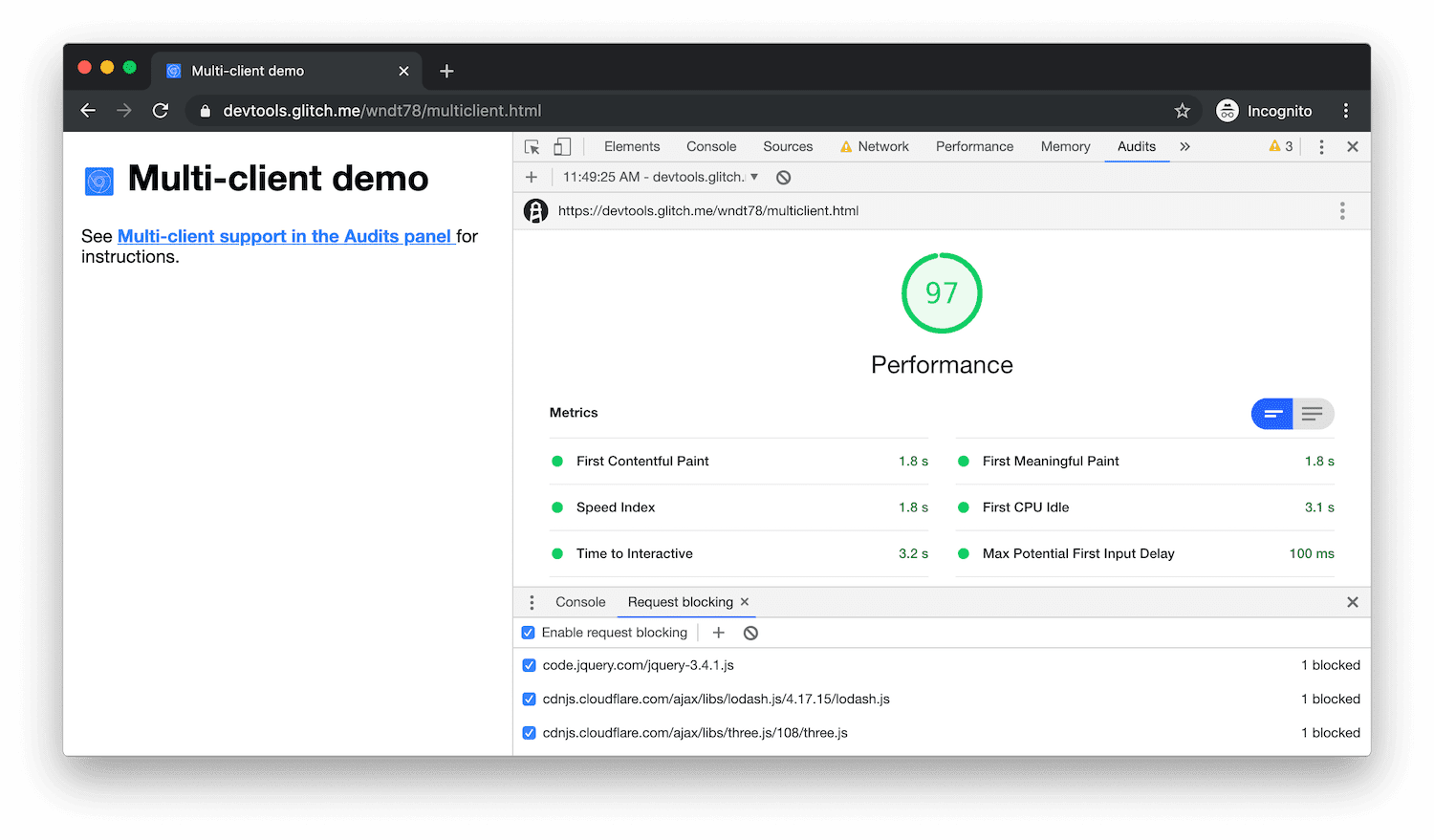 The Performance score improved to 97 after enabling request blocking.