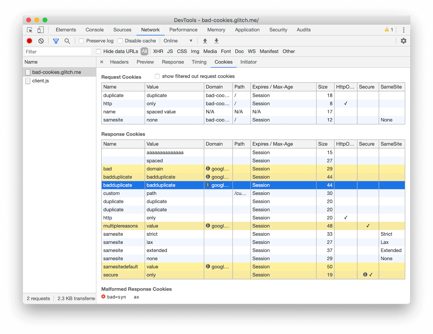 The Cookies tab.