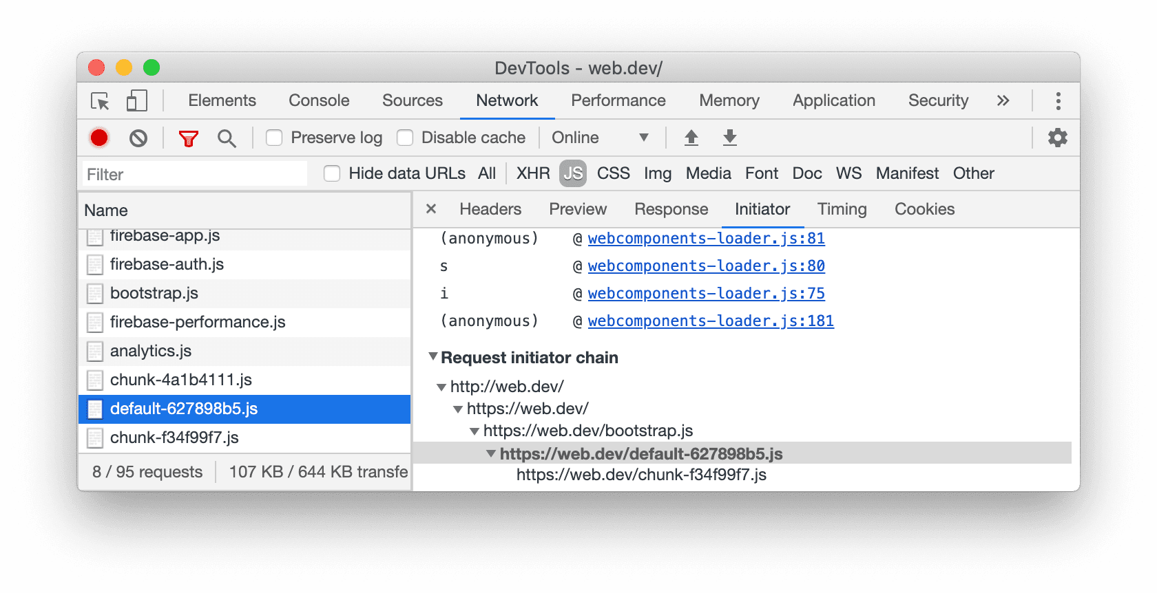 [Initiator] タブの [Request Initiator Chain] のスクリーンショット