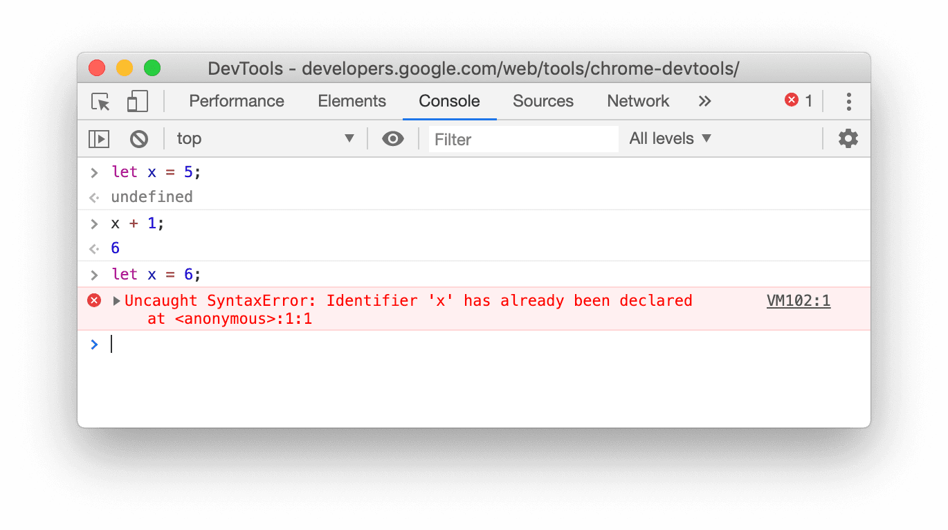 A screenshot of the Console in Chrome 78 showing that the let redeclaration fails.