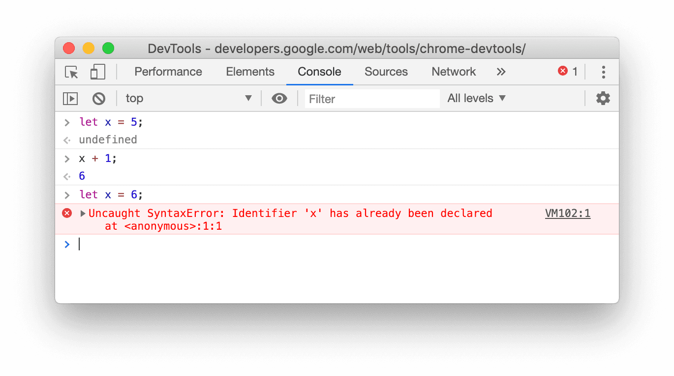 let の再宣言が失敗することを示す Chrome 78 のコンソールのスクリーンショット。