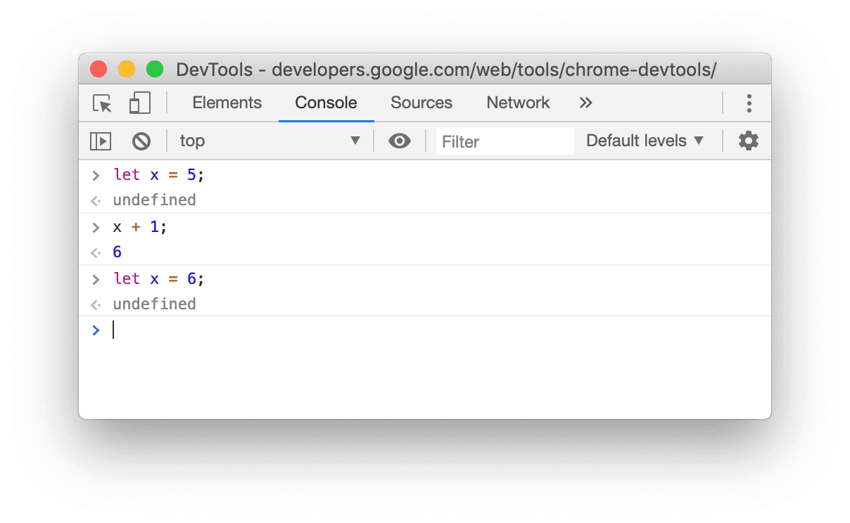 let 재선언이 성공했음을 보여주는 Chrome 80 Console의 스크린샷