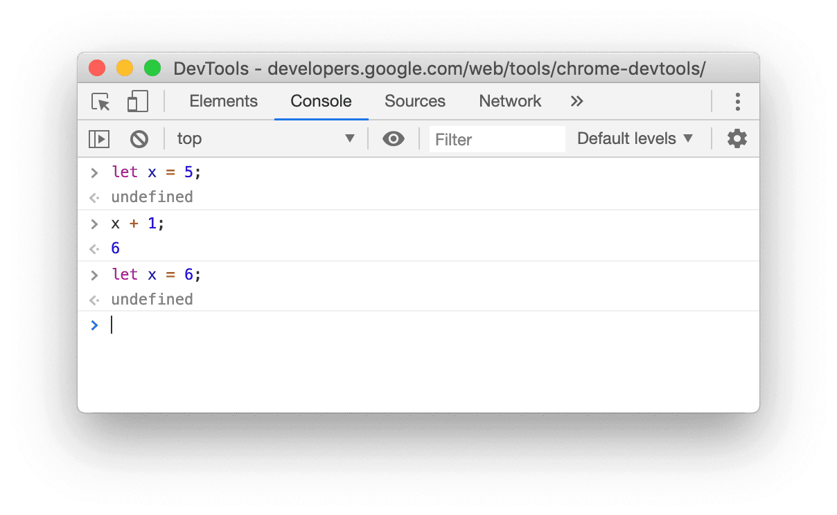 Capture d'écran de la console dans Chrome 80 montrant que la redéclaration let a réussi.